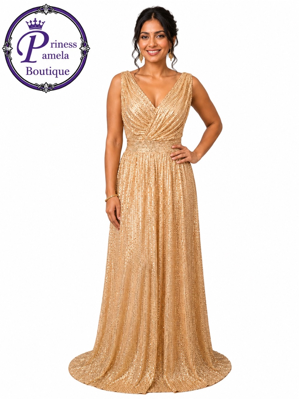 #16-12 Gold sequins V-neckline long dress-Medium -Size 10